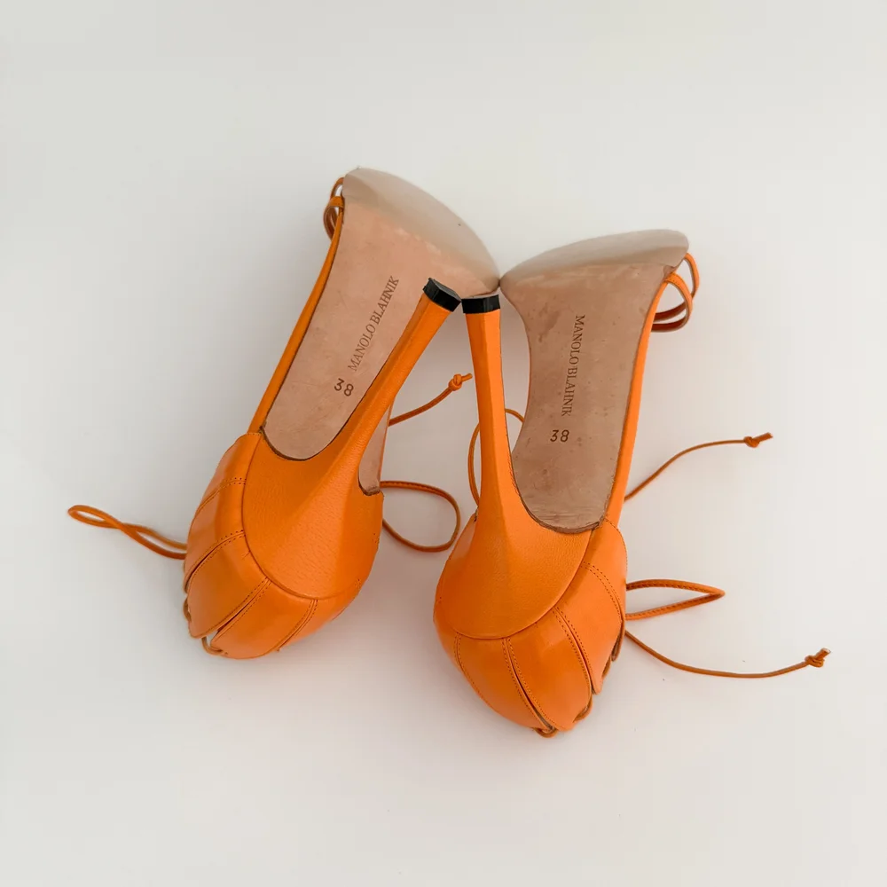 Manolo Blahnik Basketball Reworked Orange Leather Sandal Heels (US